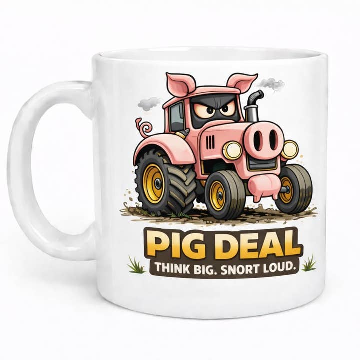 Ceramic Coffee Mug with Funny Pig Tractor Design for wholesale by Brew Crew Gifts