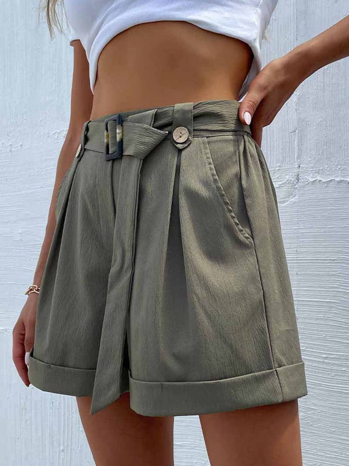 ARMYGREEN CWBSP0117_HIGH WAIST BELTED POCKET SHORT PANTS for wholesale on Faire2