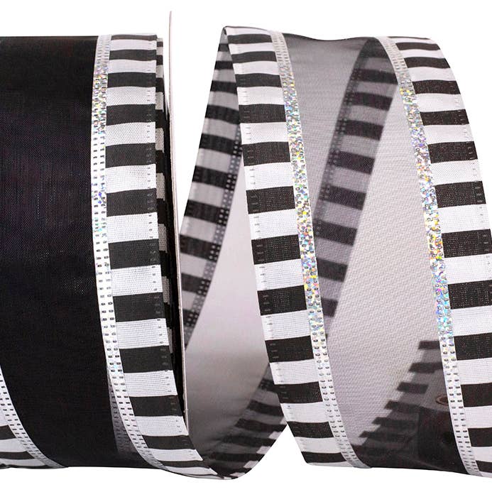 Beetlejuice Ticking Sheer Wired Edge, noir/blanc, 2 1/2 po pour la vente par RELIANT RIBBON