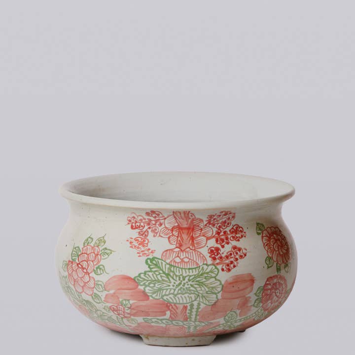 Cache-pot bulbeux en porcelaine rustique quatre saisons rose et vert pour la vente par Cobalt Guild