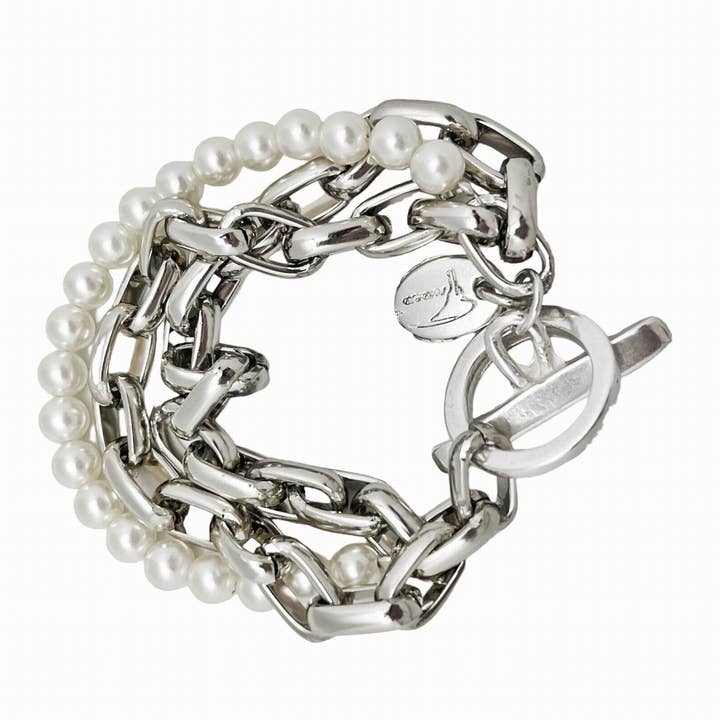 3-line pearl and chain bracelet in silver for wholesale by Gloria Mago