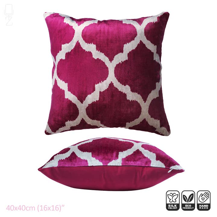 OyzShop - Vendita all'ingrosso Fodera cuscino decorativo - Fodera per cuscino tradizionale in velluto di seta Ikat 100% fucsia