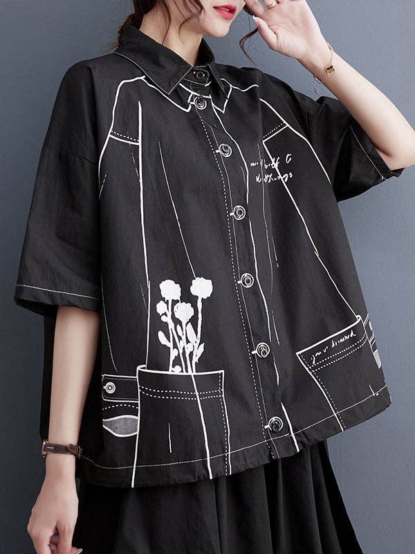 Sheer Trend – Camisa com botões no colarinho – Mulher por atacado – Blusas de lapela com junta dividida com estampa em cores contrastantes com mangas curtas e soltas1