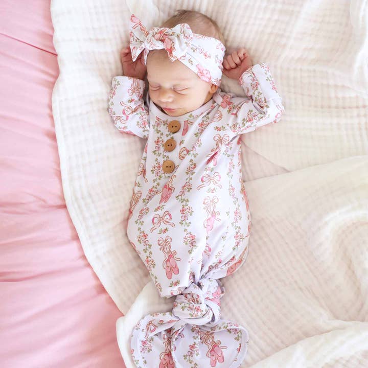 Caden Lane - Wholesale Babygown Set - Baby - Ballet Blossoms Newborn Baby Knot Gown & Hat Set8