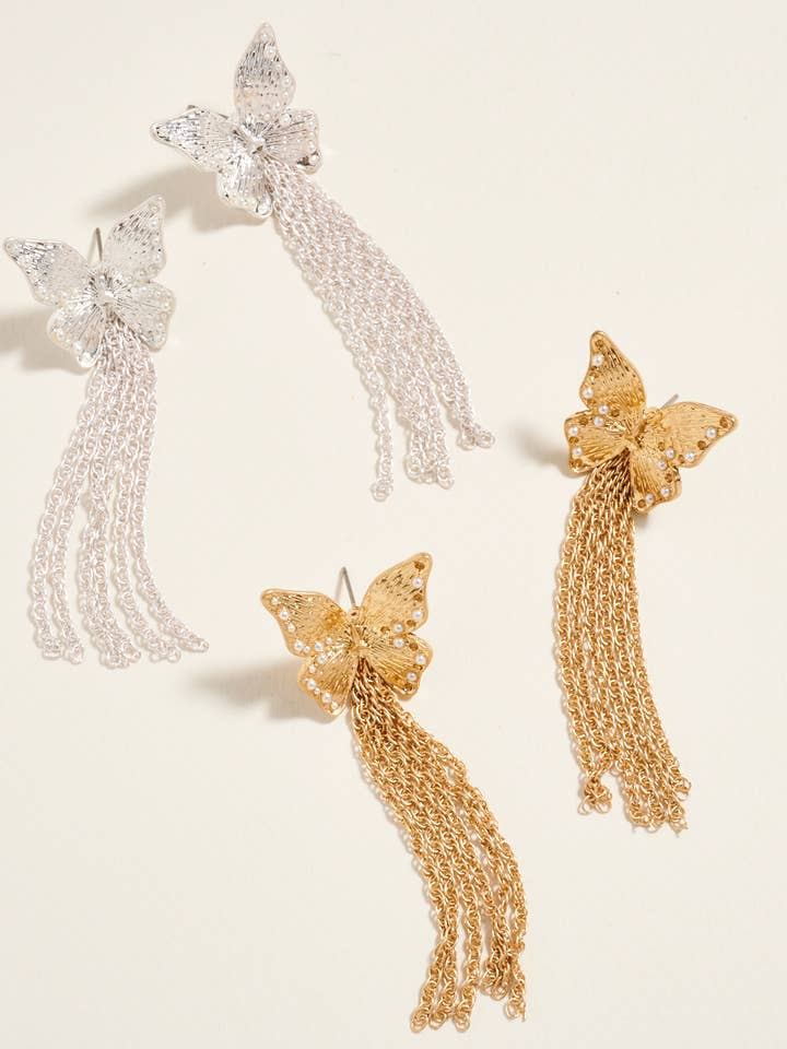 Butterfly Metal With Chain Tassel Post Earrings for wholesale by Designature New York