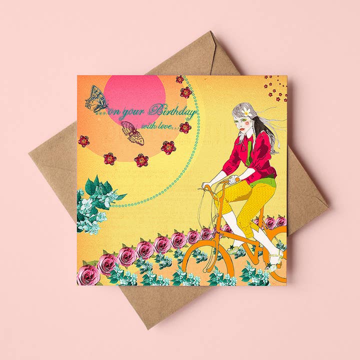 on your Birthday with love...Girl on a Bike Greeting Card for wholesale by Fancypantsrodgers Illustration
