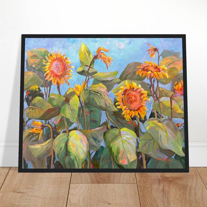 « Southwind Sunflowers 2 » Floral | Impression artistique encadrée en bois 16x20 pouces | Œuvre originale de l'artiste américaine Barbara Cleary pour la vente par Barbara Cleary Designs