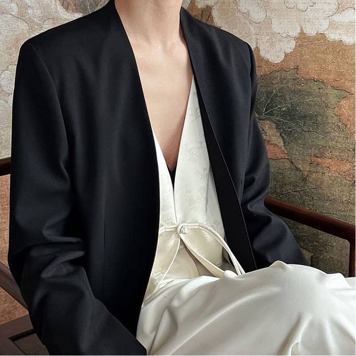BLACK Chic Chinese Jacquard Lapel Blazer with Faux Two-Piece Design for wholesale on Faire