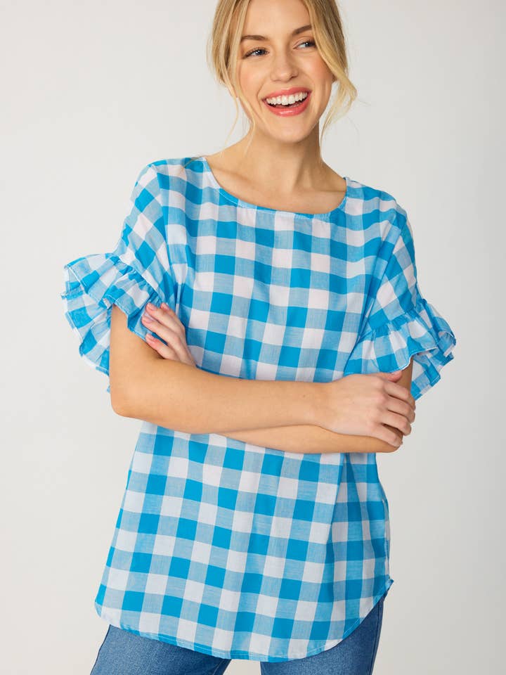 ST3723 - GINGHAM VOLANG KORTÄRMAD TOPP för wholesale av FSL Apparel