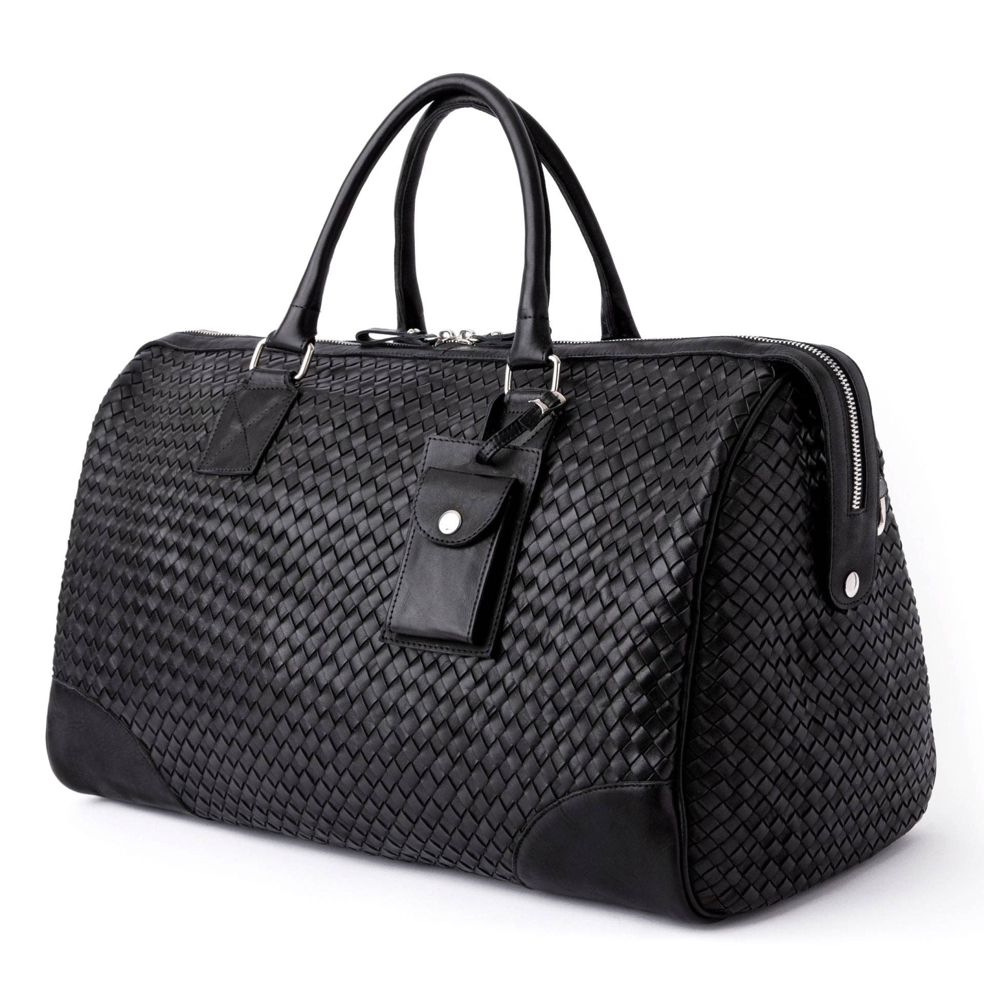 Hides - Wholesale Weekender Bag - Women's - Woven Leather Duffle - Black with Detachable Shoulder Strap0