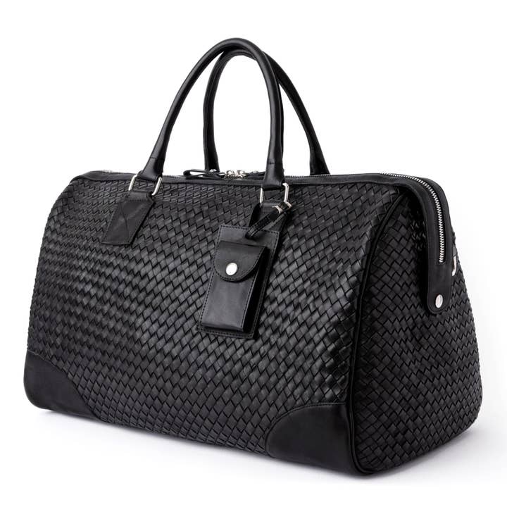 Hides - Wholesale Weekender Bag - Women's - Woven Leather Duffle - Black with Detachable Shoulder Strap