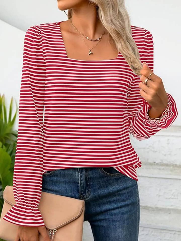 Striped Long Sleeve T-Shirt with Square Neckline for wholesale by Beyond Apparel