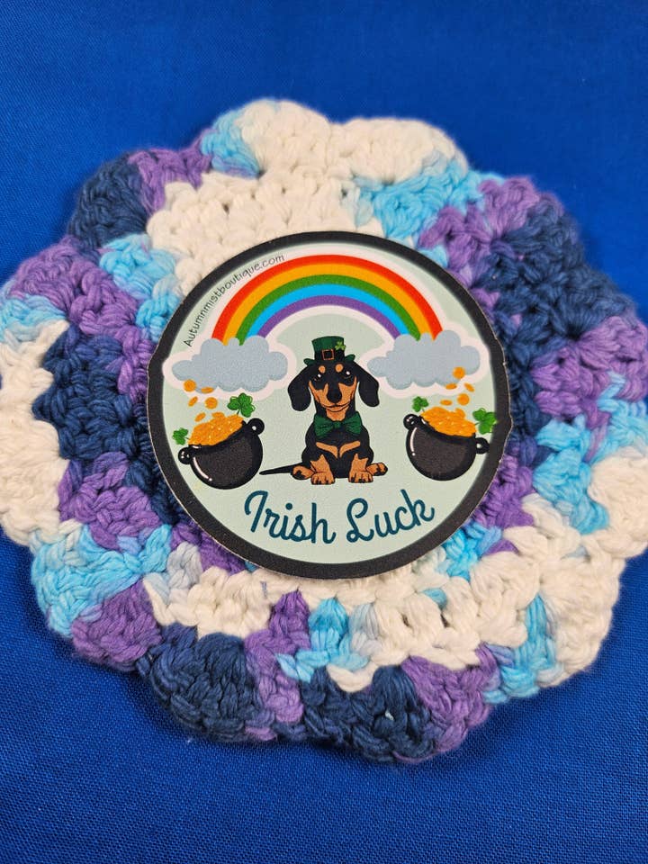 St. Patrick’s Day Dog Sticker – Leprechaun Dachshund with Rainbow for wholesale by Autumnmist Boutique