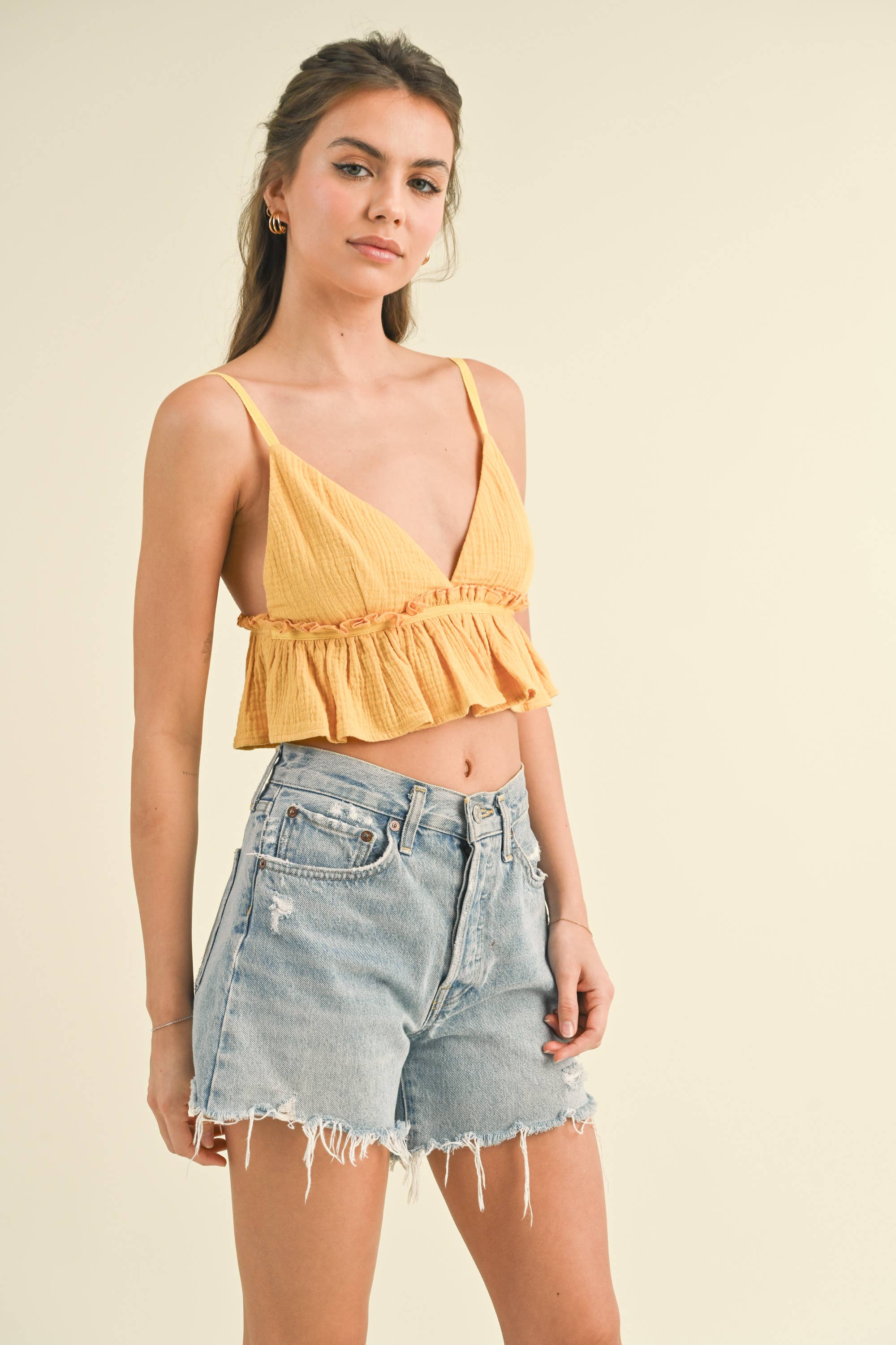 Klesis – wholesale Blouse – Women’s – IT3572 SPAGHETTI STRAP RUFFLED CROP TOP6