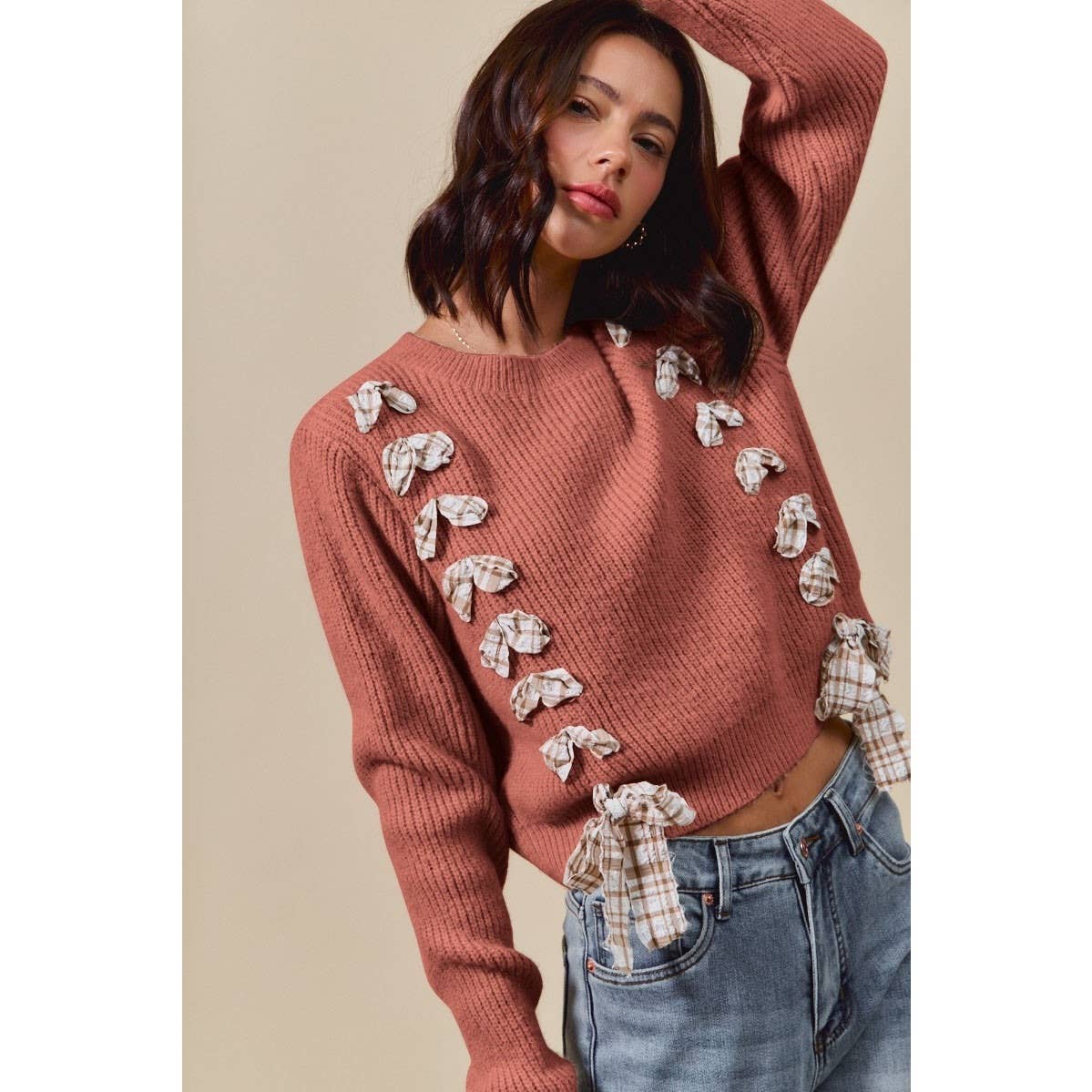 IVE - Wholesale Knit Sweater - Women's - Checkered Plaid Tape Lace Up Sweater Top15