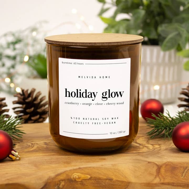 Holiday Glow - 10 oz Amber Glass Soy Candle - Christmas Gift for wholesale by Melvida Home