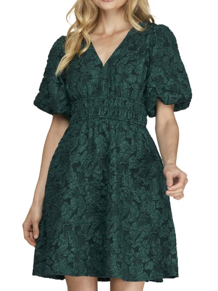 Abito in Jacquard a Motivo Floreale con Scollo Profondo e Maniche a Palloncino per la vendita all'ingrosso da parte di Vanilla Monkey