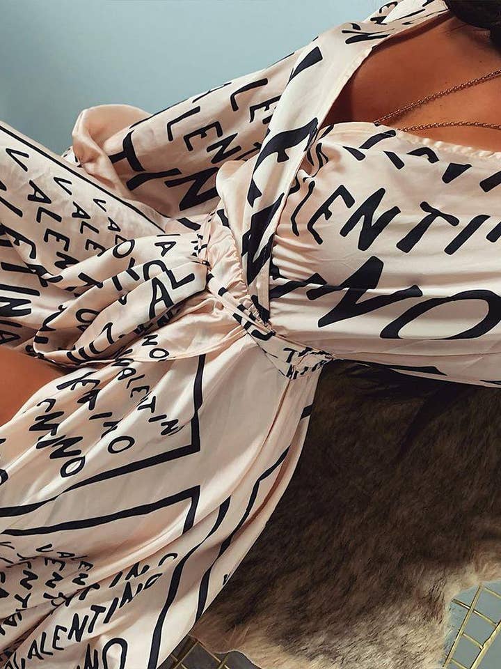 APRICOT letter print lantern sleeve high slit maxi dress for wholesale on Faire