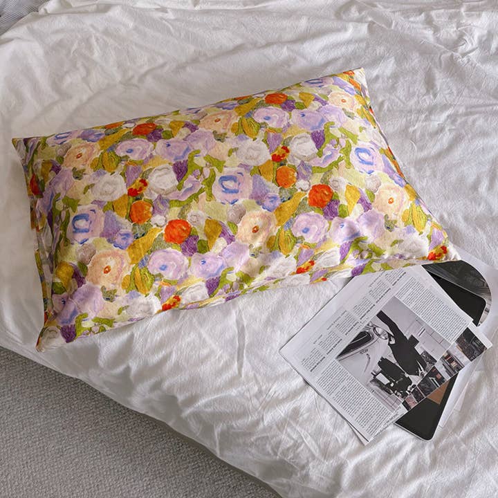 Lian Collection - Wholesale Bedding pillowcase/sham - 100% Mulberry Silk Pillowcase - Impressionist Garden Motif 1