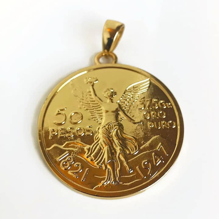 Coin Pendant 50 Pesos Angel Mexican 35mm Centenario Charm for wholesale by Raf Rossi Gold Plated