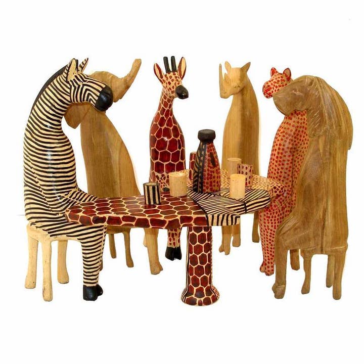 Global Crafts - Wholesale Decorative Tabletop Object - Mahogany Party Safari Animal Sculpture Carving Set