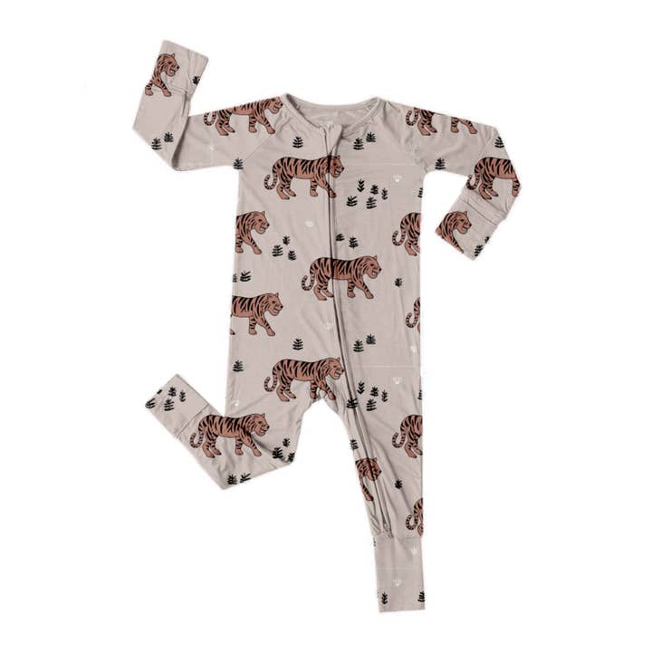 Bamboo Convertible Foot Romper- Tigers on Taupe for wholesale by The Mini Babe