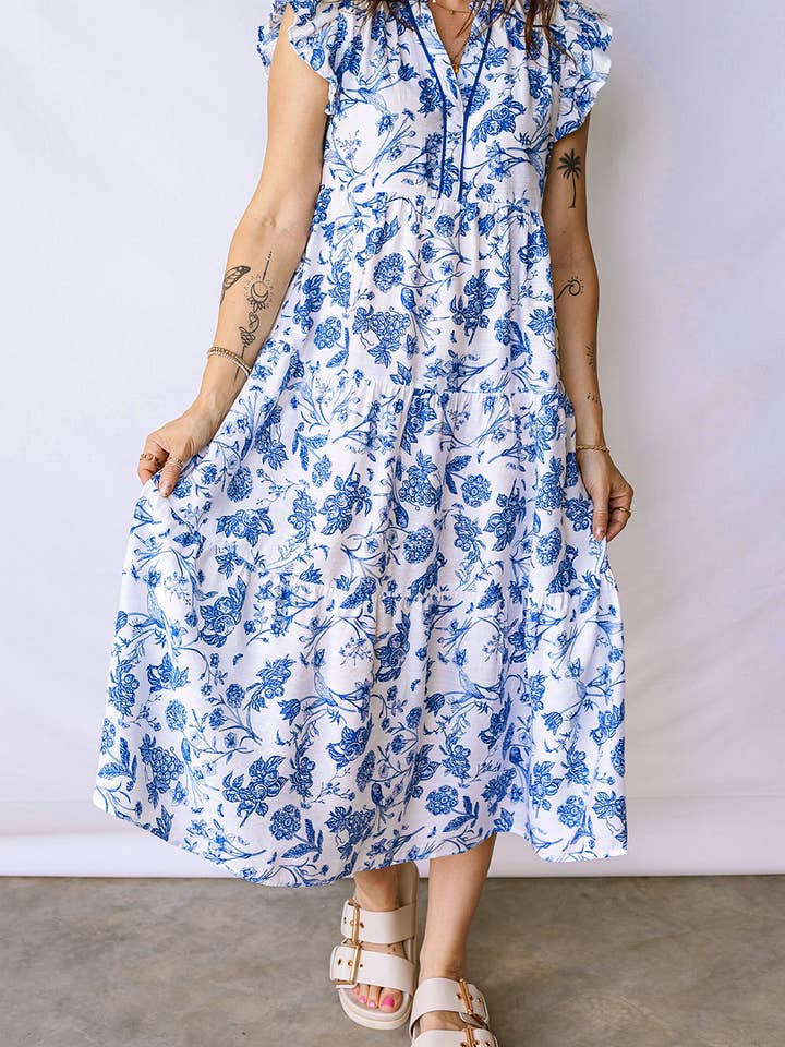 Blue Ruffled Short Sleeve Tiered Floral Midi Dress for wholesale by Sweet Lover Fashion