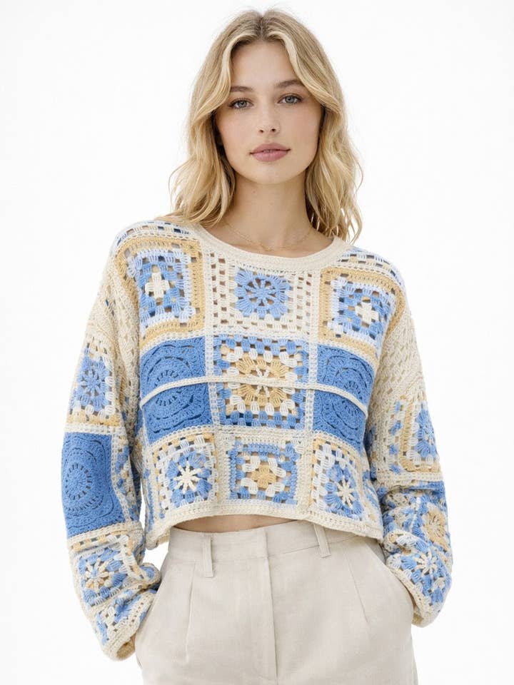 Maglia corta a uncinetto con motivi-rif:68043 per la vendita all'ingrosso da parte di cfashion