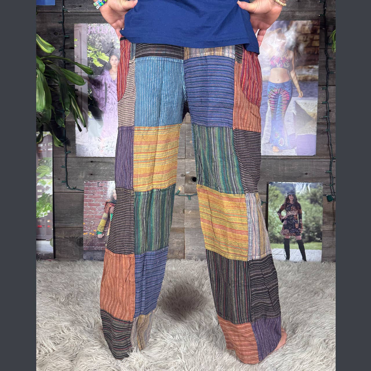 Jayli Clothing - Wholesale Pants - Men's - Striped Patchwork Zipper Pocket Pants Elastic Waist Hippie7