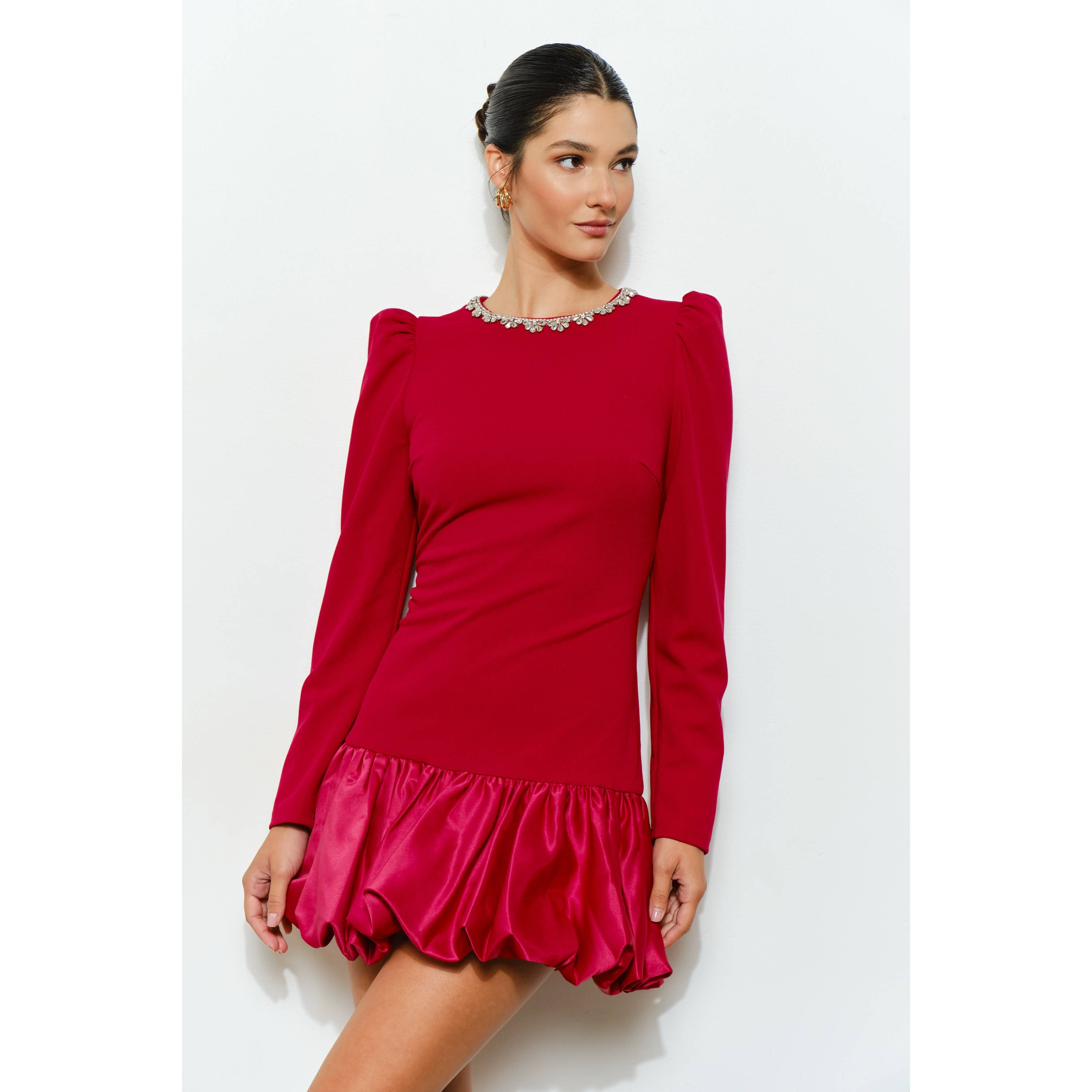 INA - Wholesale Dress - Women's - Jewel-Embellished Puff-Sleeve Bubble Mini Dress11