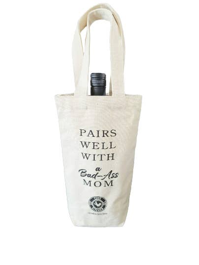 BAD ASS MOM Funny Canvas Fabric Wine Gift Bag for wholesale by Cuss Kitchen