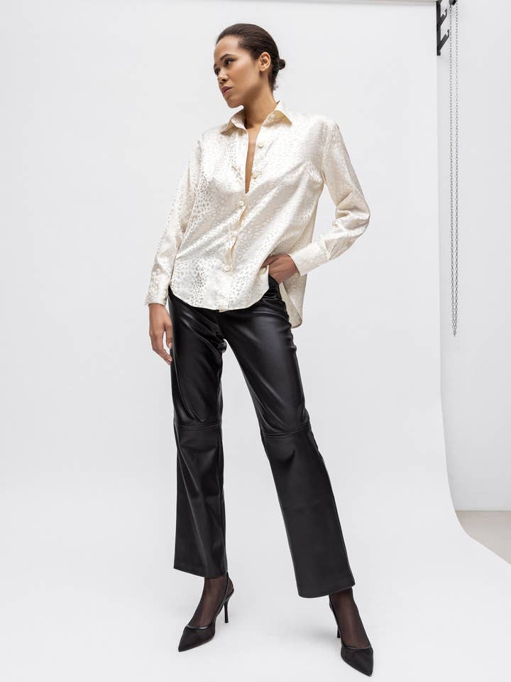 Camisa de cetim jacquard de seda champagne por atacado de La Katz