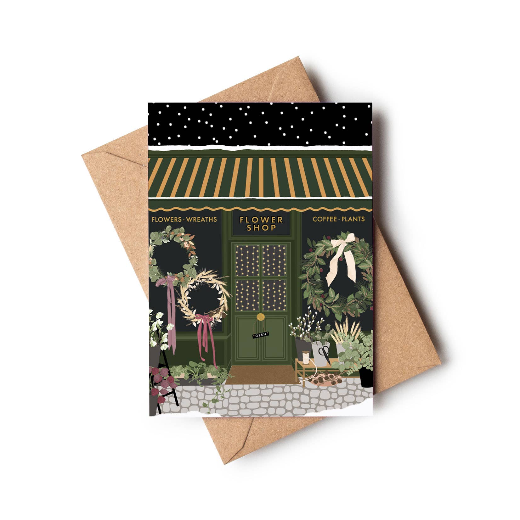 Wildwood Paper - Wholesale Christmas Card - Flower Shop Florist Christmas Window Scene Greetings Card