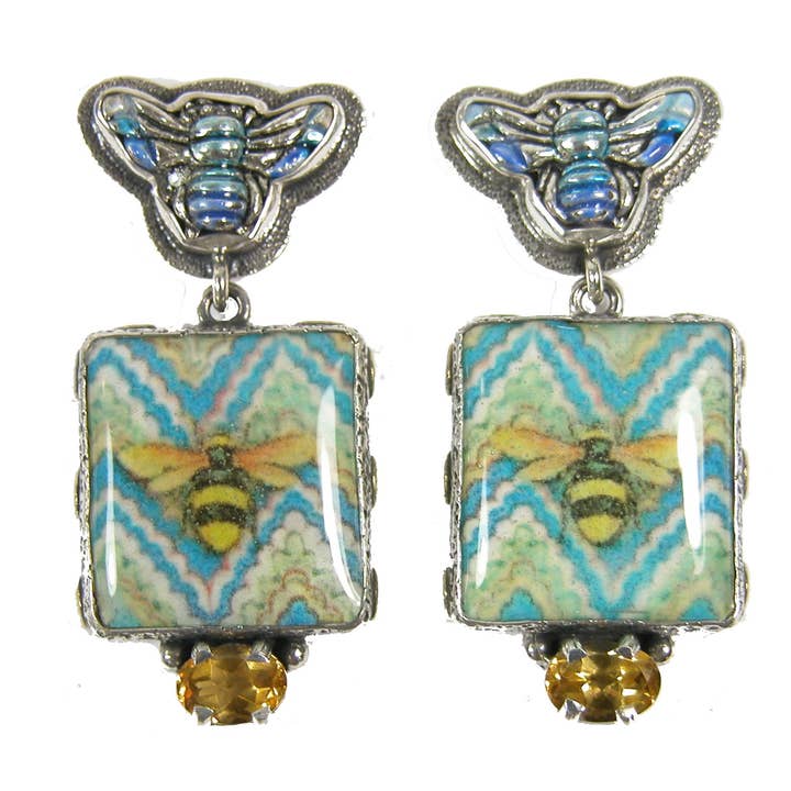 Citrine Enamel Bee Tile Sterling Silver Earring for wholesale by Amy Kahn Russell