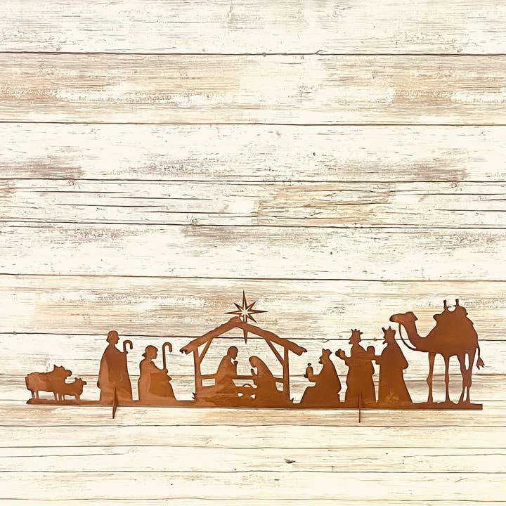Universal Ironworks USA - Wholesale Nativity Scene Decor - Nativity Scene 24 Inch Rusty Metal Christmas Bethlehem1