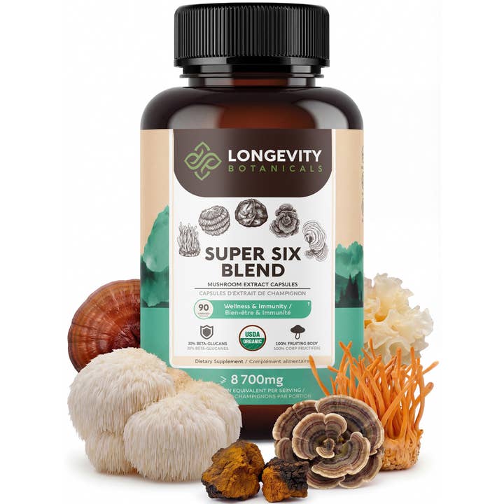 Organic Super Six Blend 90 Capsules: Mushroom Supplement for wholesale by Longevity Botanicals