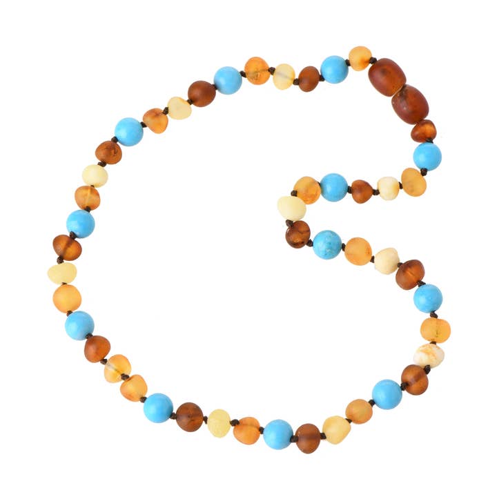 Baltic Amber & Turquoise Necklace – Raw Mix Child Size for wholesale by The Natural Amber