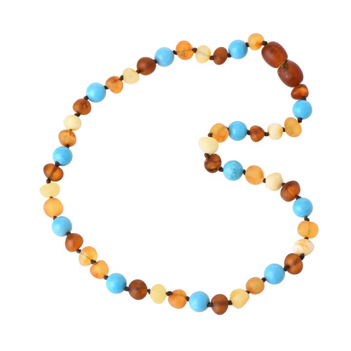 Bernstein- und Türkis-Halskette – Rohmischung Kindergröße für den Großhandel von The Natural Amber