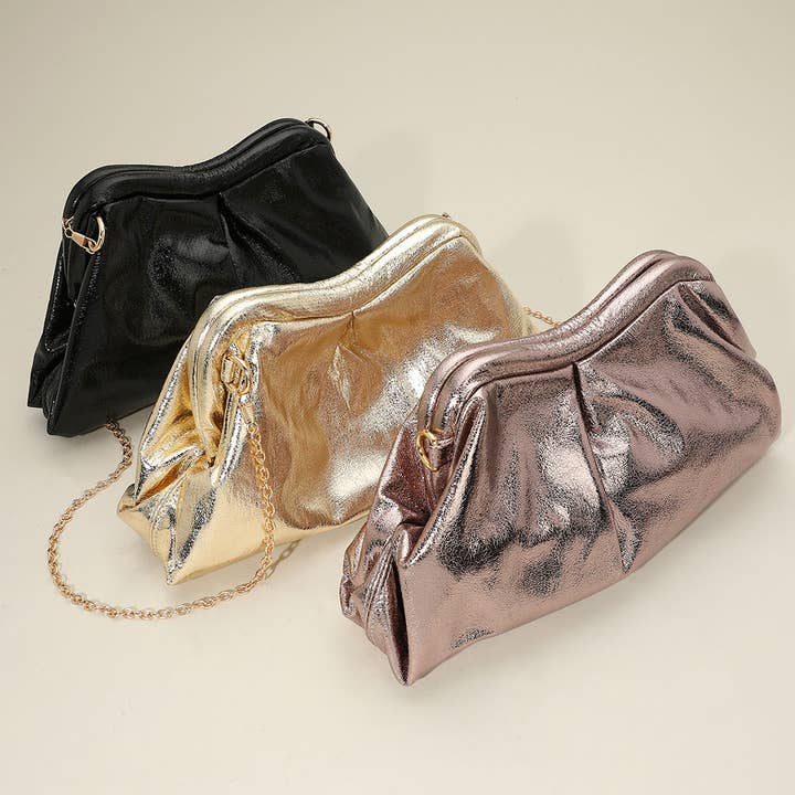Metallic Pleated Frame Clutch Evening Bag / Crossbody Bag for wholesale by Sensibling Corp.