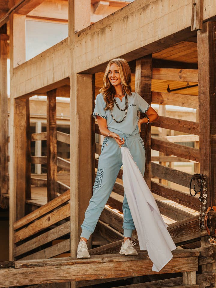 Cecil Blue Aztec Jogger Pants for wholesale by Spurrin' Scrubs