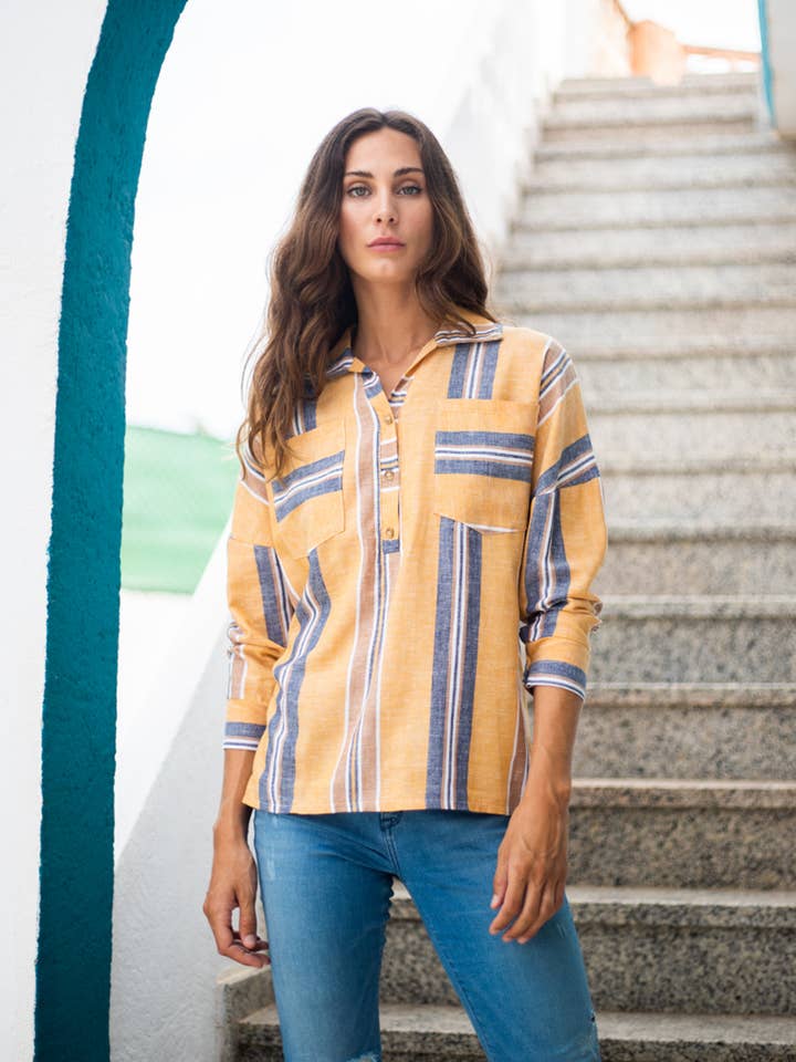 Amareto Gul Blus med Tryckta Linjer för wholesale av SOHUMAN