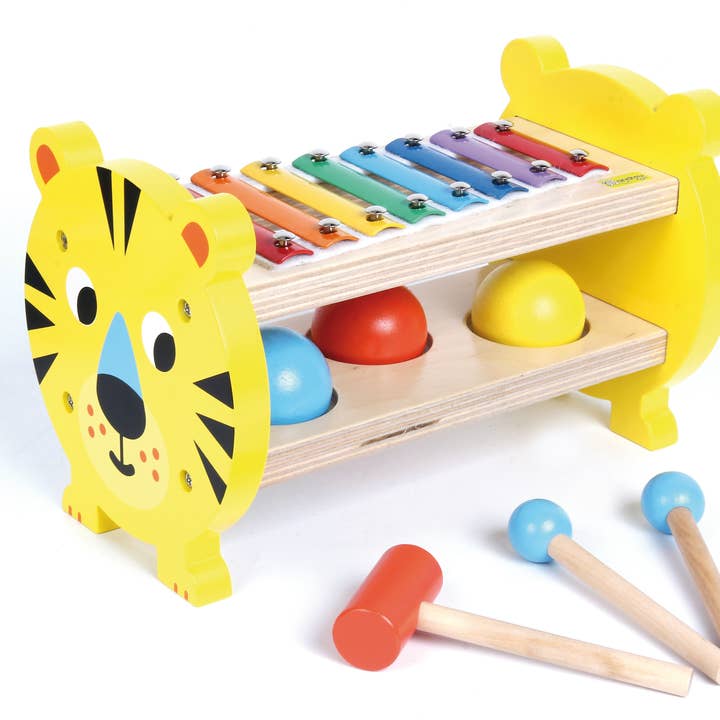 Banc musical tigre multifonction avec xylophone et balles à frapper pour la vente par TOYS SERVICE, SL. -ANDREU TOYS-