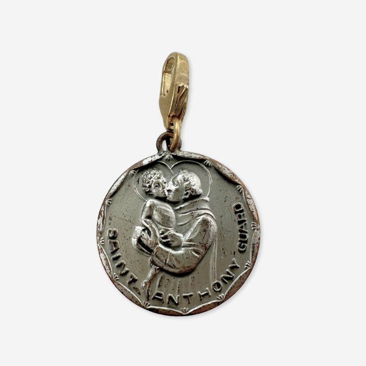 Pendentif charm circulaire vintage en argent vieilli Saint Antoine/Christophe pour la vente par Lulu’s Petals