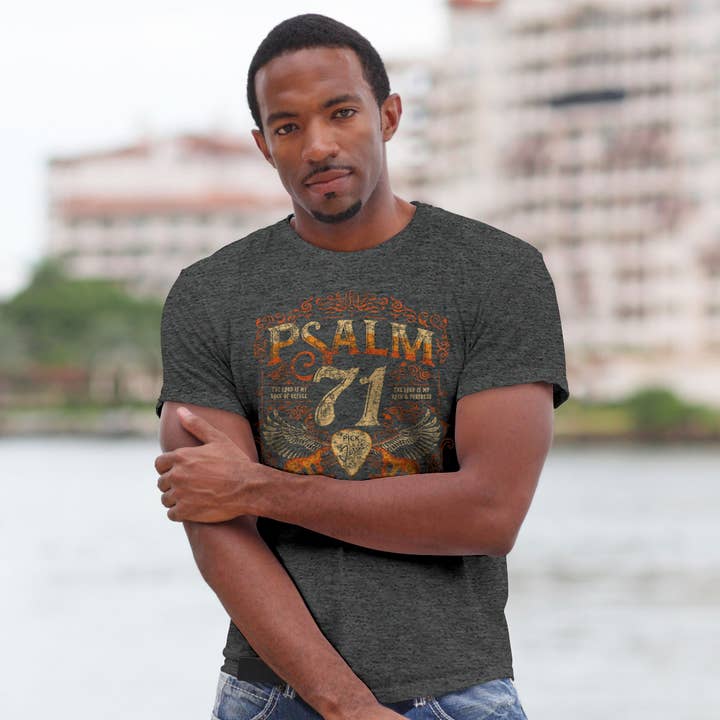 Charcoal Heather Kerusso Christian T-Shirt Psalm 71 for wholesale on Faire