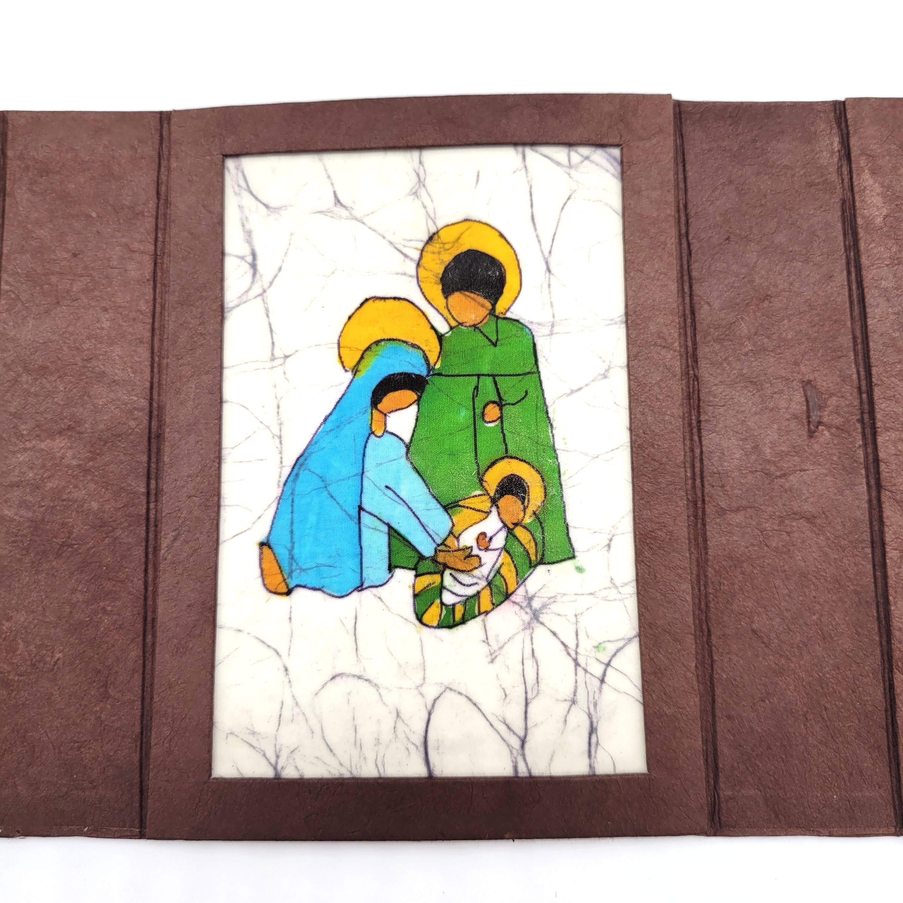 Eclectic Woodchuck – wholesale Nativity scene decor – Batik Nativity Triptych in Paper Mache Box 4