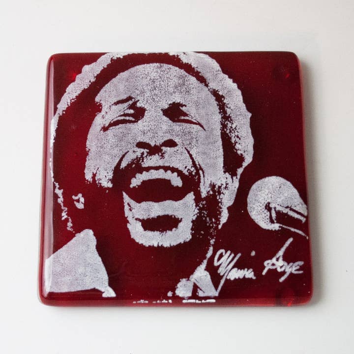 Marvin Gaye Fused Glass 4" Single Coaster for wholesale by Kiku Handmade | Contemporary Fused Glass Home Goods