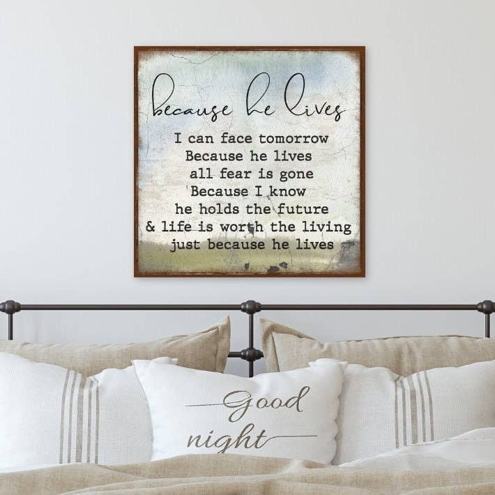 Because He Lives Christian Easter Hymn Canvas Wall Decor for wholesale by Olive Branch Farmhouse