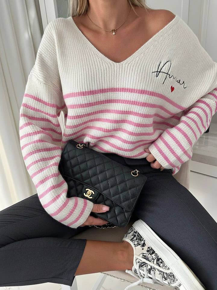 Gestreepte trui met Amour-opdruk - één maat voor wholesale door ESTEE BROWN