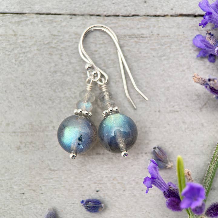 Glowing Labradorite and Sterling Silver Earrings - Aurora Borealis Northern Lights Stone for wholesale by Sunlight Silver Jewelry