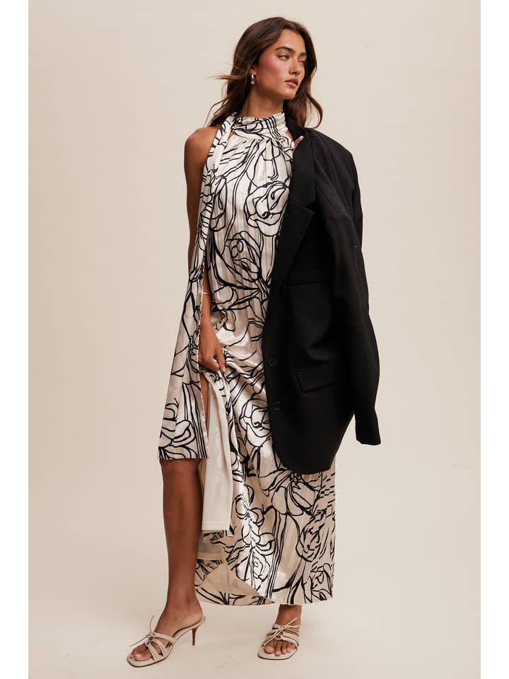 Listicle - Wholesale Dress – Women's - Pleated Floral Halter Satin Maxi Dress14